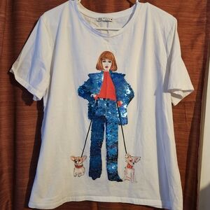 Zara White Tee with Pretty Blue Sequin Fashion Design, Size XL